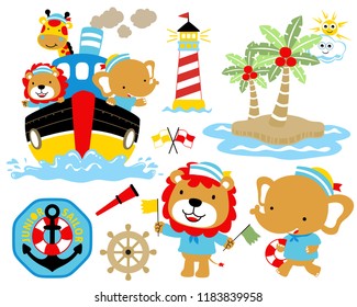 Vector illustration of sailing elements cartoon with cute animals in sailor costume