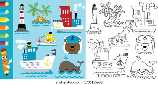 Vector illustration of sailing elements cartoon with funny bear, coloring book or page
