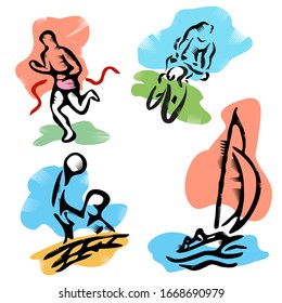 Vector - Illustration of   Sailing, Running, Volleyball, Bicycles symbol woodcut style