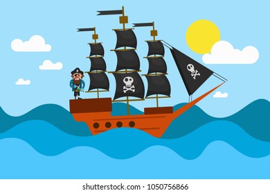 Vector illustration of sailing ship with black pirate flag on blue waves. Eps vector illustration, horizontal image
