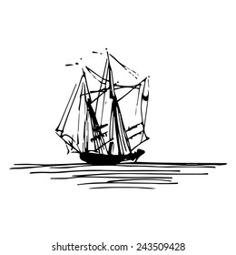 Vector illustration of sailing ship or boat in the sea in ink style. Hand sketched schooner. Marine theme design.