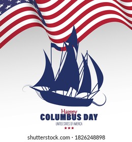 Vector Illustration of a Sailing ship floating on the sea waves. Happy Columbus Day. Caravel Santa Maria.