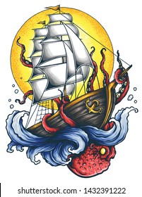 Vector Illustration Of Sailing Ship And Kraken Giant Octopus