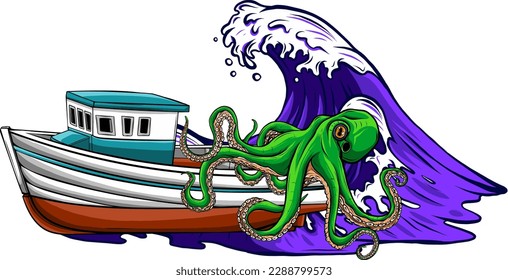 vector illustration of sailing ship and kraken giant octopus on white background