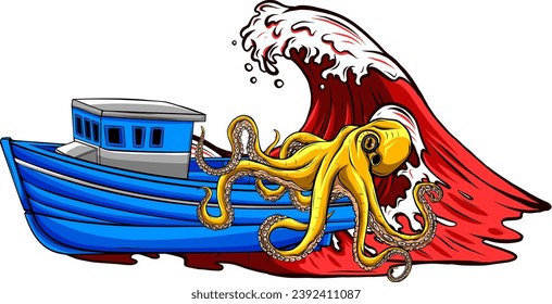 vector illustration of sailing ship and kraken giant octopus