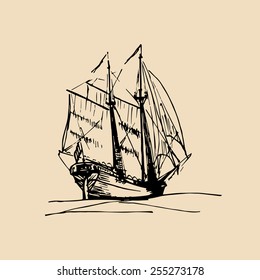 Vector illustration of sailing ship in the sea in ink style. Hand sketched schooner. Marine theme design.