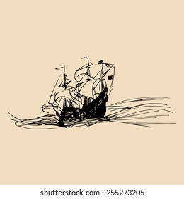 Vector illustration of sailing ship in the sea in ink style. Hand sketched galleon. Marine theme design.