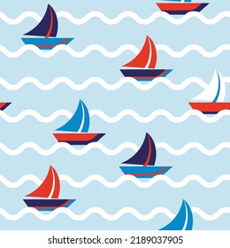 Vector illustration of sailing ship with waves geometric seamless pattern