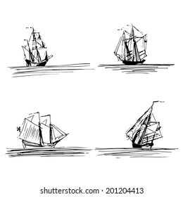 Vector illustration of sailing ships or boats in the sea in ink style. Hand sketched schooners, brigantines. Marine theme design.