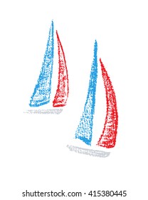 Vector illustration of sailing ships. Hand drawn with chalk sailing boats on white background. Beautiful nautical design element.