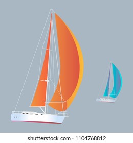 Vector illustration of a sailing yacht on a blue background.