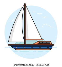 Vector illustration of the sailing yacht on sea or ocean background. Summer activities and recreation topic. 