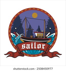 Vector Illustration of Sailor Boat in Nature View with Vintage Illustration Available for Logo Badge