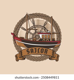 Vector Illustration of Sailor Boat with Vintage Illustration Available for Logo Badge