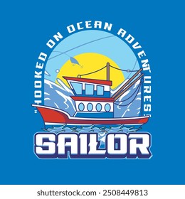 Vector Illustration of Sailor Boat with Vintage Illustration Available for Logo Badge