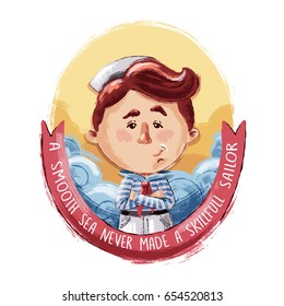 Vector illustration of sailor boy with a place for text with hand drawn grunge texture on isolated white background. Can be used for poster, print, card, logo, banner design.