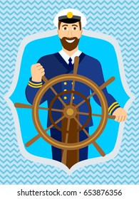 Vector Illustration Of A Sailor, Captain Of A Ship Holding A Steering Wheel, Wearing Uniform And Service Cap.