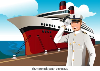 A vector illustration of a sailor in front of a big ship parked at the harbor