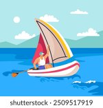 Vector illustration of a sailor navigating a small boat on the sea with a sail, in a flat design style. Depicts adventure and travel.