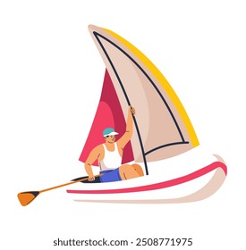 Ilustração vetorial de um marinheiro remando um pequeno barco com uma vela no oceano, em um estilo de design plano, isolado sobre fundo branco.