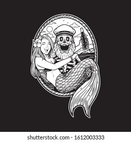 vector illustration of a sailor skull captain carying beautiful mermaid holding beer.