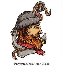 vector illustration of sailor smoking pipe with anchor background