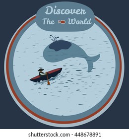 Ilustración vectorial de marinero y ballena. Descubra el mundo. Ilustración del mar para los carteles, tarjetas de felicitación, cubierta del libro, volantes, Anuncio, Web, diseños del juego.
