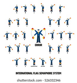 Vector illustration of sailors performing ten international flag semaphore alphabetic system. All objects grouped, named and layered.