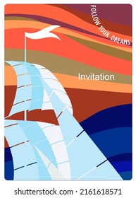 Vector illustration of sails on the colorful background. Romantic trip invitation card, print or poster. 