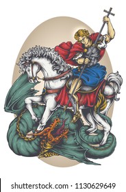 Vector illustration of saint george riding white horse fighting dragon