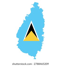 Vector illustration of Saint Lucia in the shape of its island outline, filled with the Saint Lucian flag colors. Clean flat design featuring blue field with a yellow triangle and black, white triangular emblem. Minimal geographic silhouette suitable for education, travel, and infographic use. Isolated scalable composition for digital and print projects.