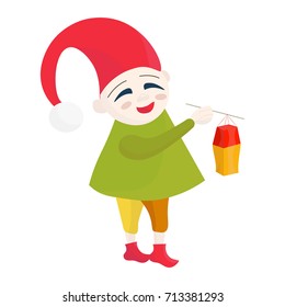 Vector illustration for Saint Martin's Day or Feast, also known as the Martinstag or Martinmas: a kid with a gnome cloth on and Martin Lantern celebrating Laternelaufen. A child walking with Lantern.