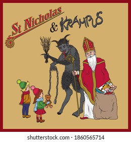 vector illustration of Saint Nicholas and Krampus with children