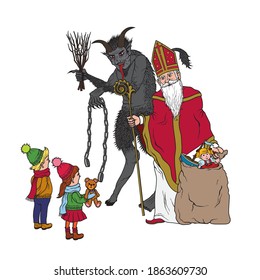 Vector illustration of Saint Nicholas and Krampus with children