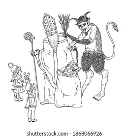 Vector illustration of Saint Nicholas, Krampus and children