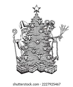 Vector illustration of Saint Nicholas and Krampus behind Christmas tree