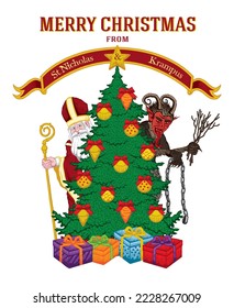 Vector illustration of Saint Nicholas and Krampus behind Christmas tree