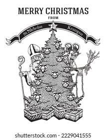 Vector illustration of Saint Nicholas and Krampus behind Christmas tree