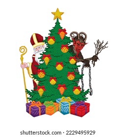 Vector illustration of Saint Nicholas and Krampus behind Christmas tree