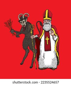 Vector illustration of Saint Nicholas and Krampus 