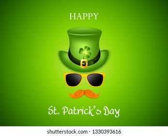 Vector illustration of Saint Patrick Day design with leprechaun hat, sunglasses and orange mustache