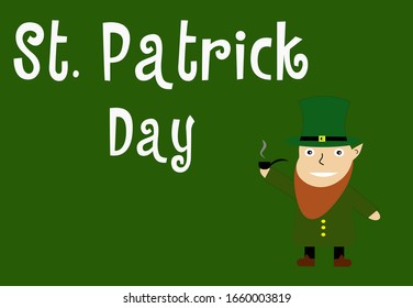 Vector illustration for Saint Patrick Day. St. Patrick greeting card wirh leprechaun on the green background. Cute illustration with funny character for patrick day.