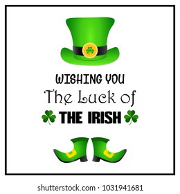 Vector Illustration for Saint Patricks Day celebrations for backgrounds, greetings, poster,  greetings, banners. Calligraphic Lettering Happy St Patrick's Day. Treasure of Leprechaun and green hat.