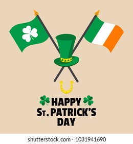 Vector Illustration for Saint Patricks Day celebrations for backgrounds, greetings, poster,  greetings, banners. Calligraphic Lettering Happy St Patrick's Day. Treasure of Leprechaun and green hat.