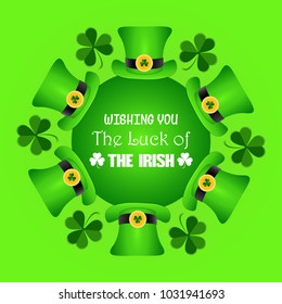Vector Illustration for Saint Patricks Day celebrations for backgrounds, greetings, poster,  greetings, banners. Calligraphic Lettering Happy St Patrick's Day. Treasure of Leprechaun and green hat.