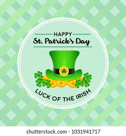 Vector Illustration for Saint Patricks Day celebrations for backgrounds, greetings, poster,  greetings, banners. Calligraphic Lettering Happy St Patrick's Day. Treasure of Leprechaun and green hat.