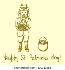 Vector illustration of Saint Patrick's Day, angry leprechaun propose bouquet of shamrock instead of gold