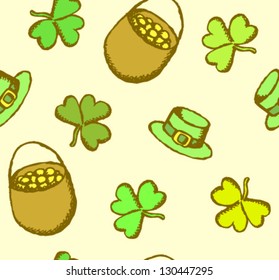 Vector illustration of Saint Patrick's Day with shamrock, hat and pot with gold