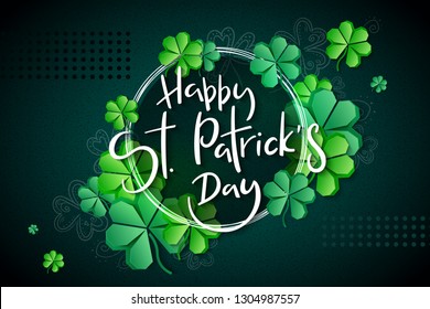 Vector illustration of saint patricks day greetings banner template with hand lettering label - happy st. patrick's day- with paper origami clover leaves.