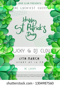 Vector illustration of saint patricks day invitation party poster template with hand lettering label - happy st. patrick's day- with paper origami clover leaves.